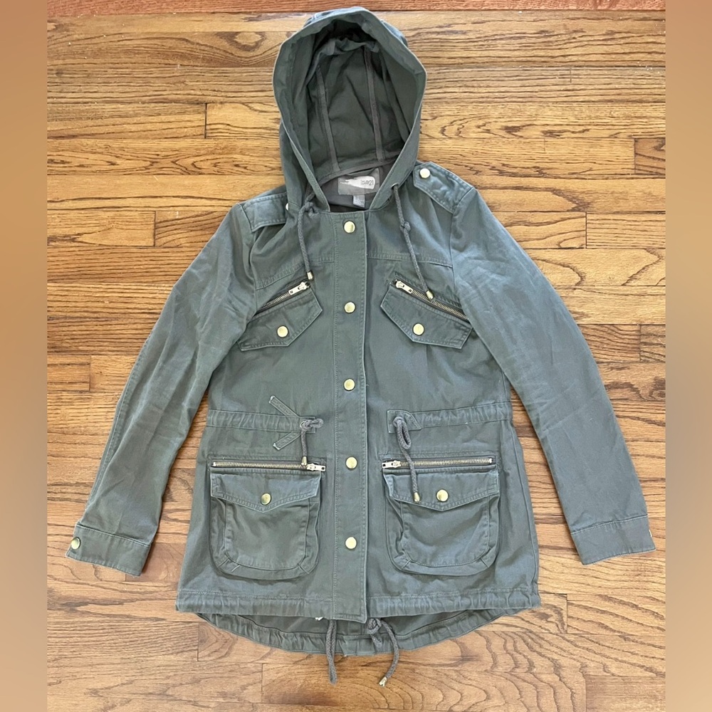 Forever 21 Love 21 Brown Utility Hooded Snap Front Anorak Jacket Women’s Size XS